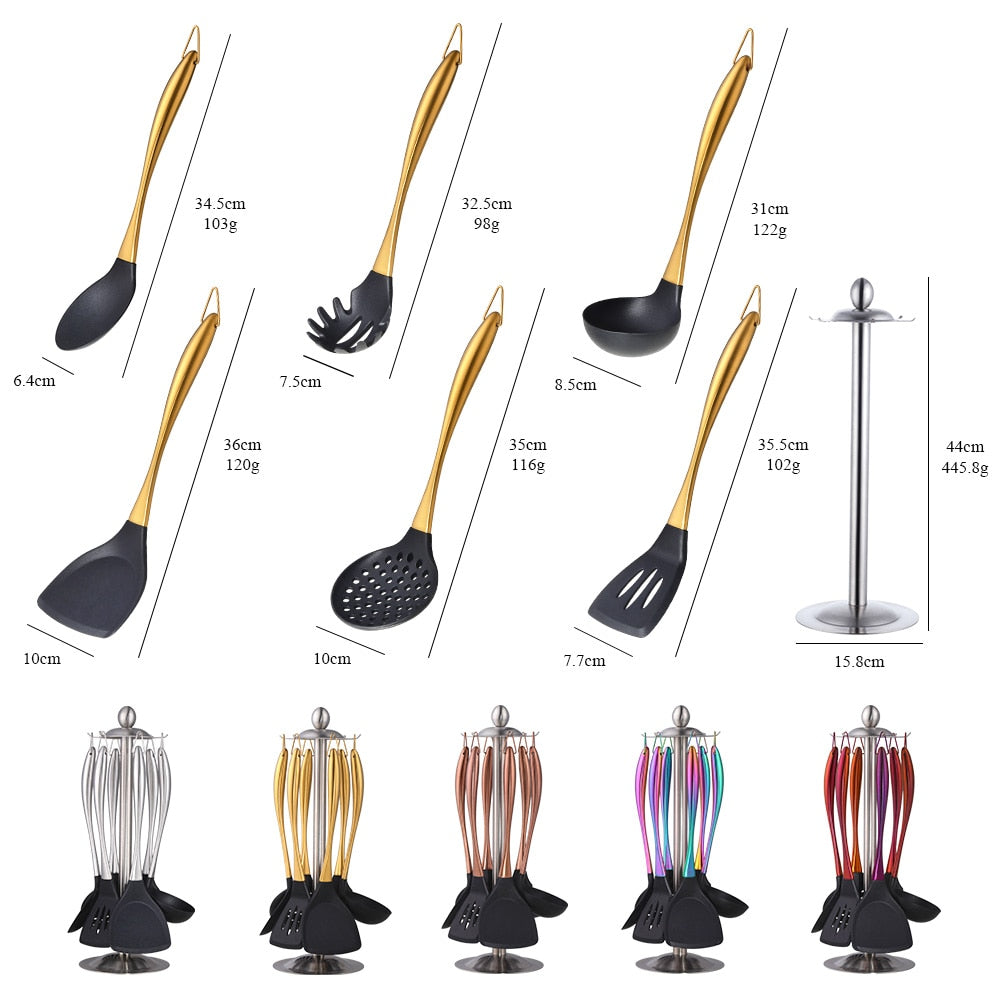 Gold Cooking Tool Set Silicone Head Kitchenware Stainless Steel Handle Soup Ladle Colander Set Turner Serving Spoon Kitchen Tool