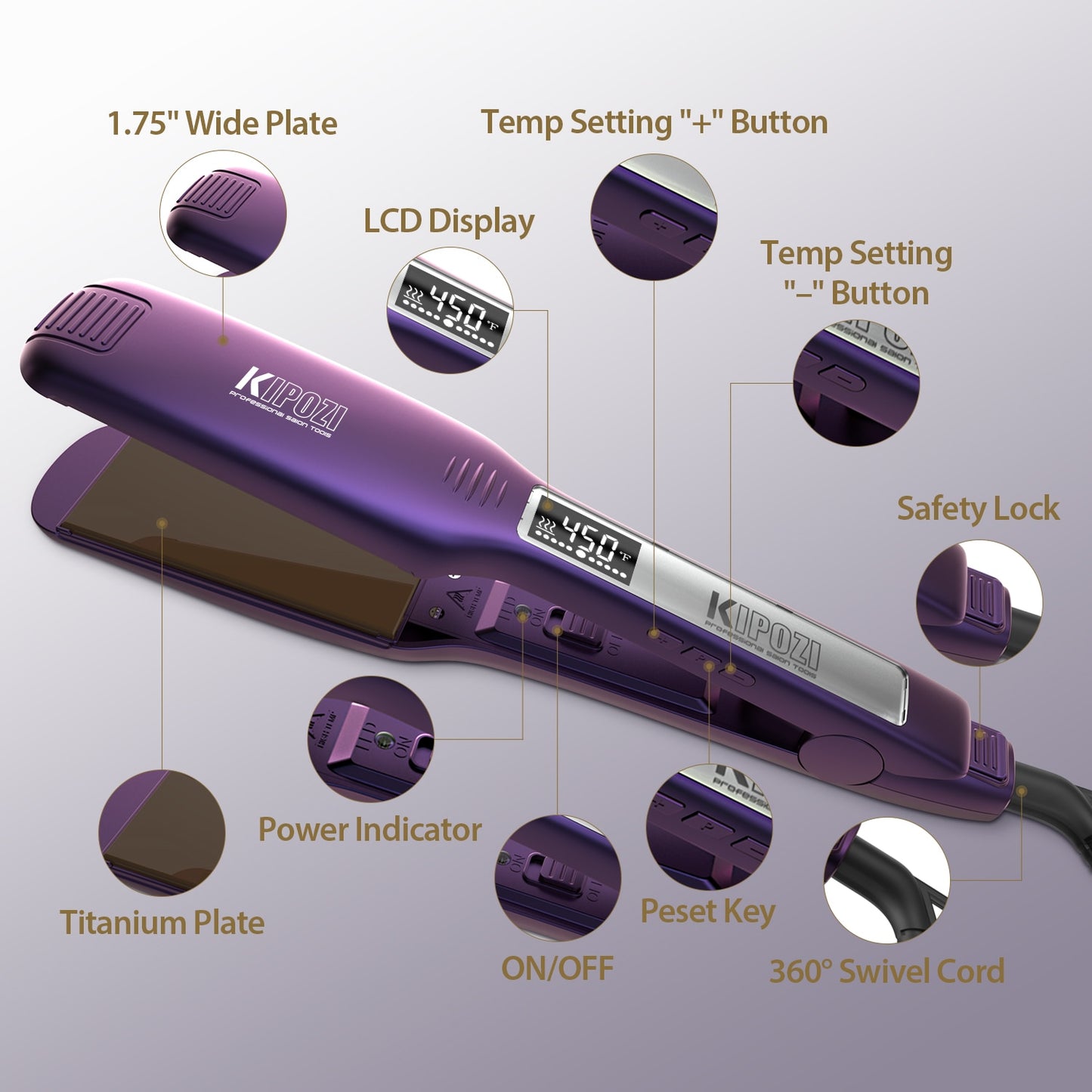 KIPOZI Hair Straightener 139 Titanium Flat Iron 1.75 Inch Wide Plate with LCD Display, Adjustable Temperature and Dual Voltage
