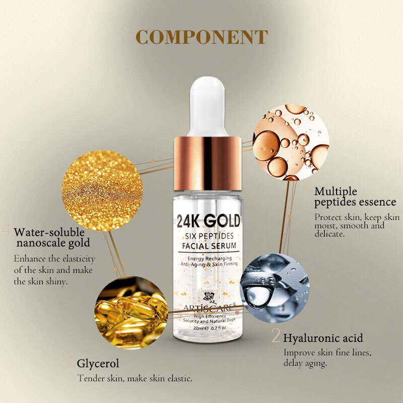 ARTISCARE 24k Gold Six Peptides Face Serum 20ml Anti Wrinkle Anti Aging Hyaluronic Acid Essence Whitening Facial Skin Care 3pcs