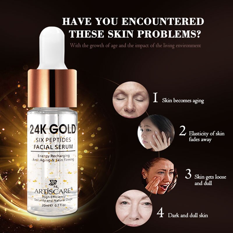 ARTISCARE 24k Gold Six Peptides Face Serum 20ml Anti Wrinkle Anti Aging Hyaluronic Acid Essence Whitening Facial Skin Care 3pcs
