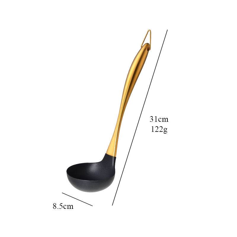 Gold Cooking Tool Set Silicone Head Kitchenware Stainless Steel Handle Soup Ladle Colander Set Turner Serving Spoon Kitchen Tool