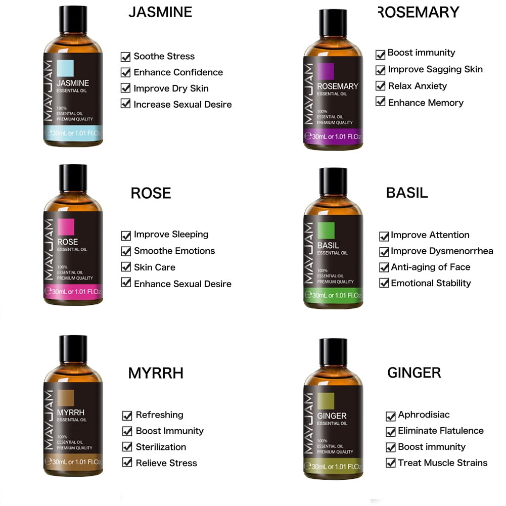 30ml Pure Natural Essential Oils Rose Lavender Jasmine Vanilla Eucalyptus Mint Sandalwood Lemon Cinnamon Tea Tree Essential Oil