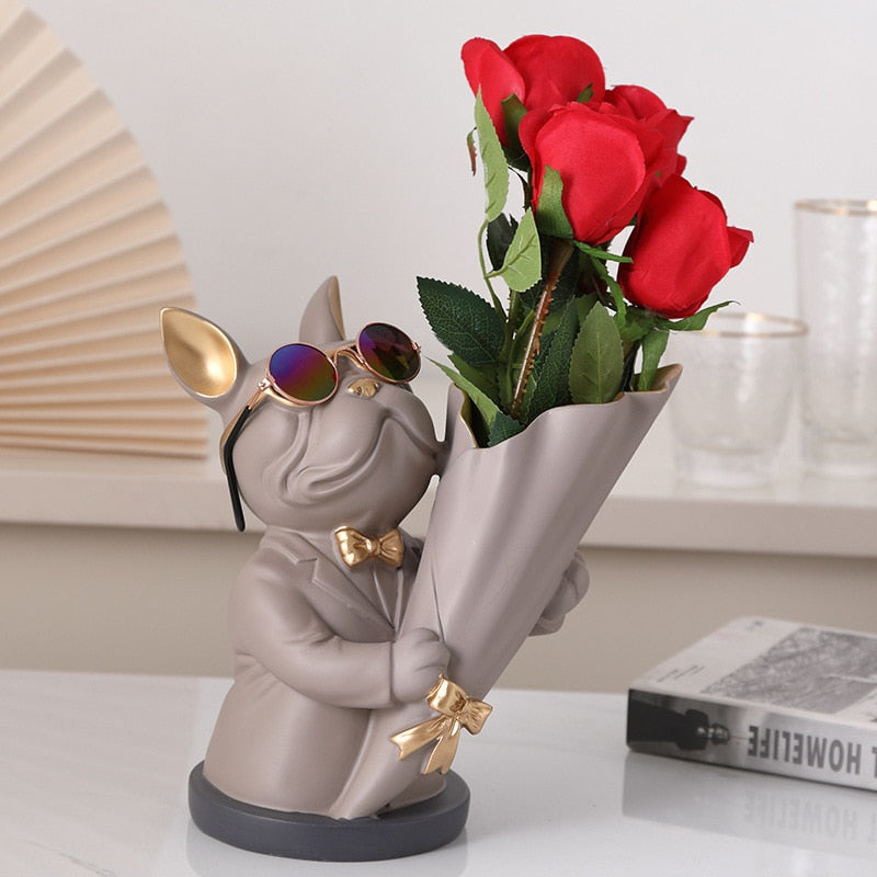 French Bulldog Figurine With Vase For Flower Decoration Home Animal Resin Sculpture Flower Vase For Table Decoration Dog Statue