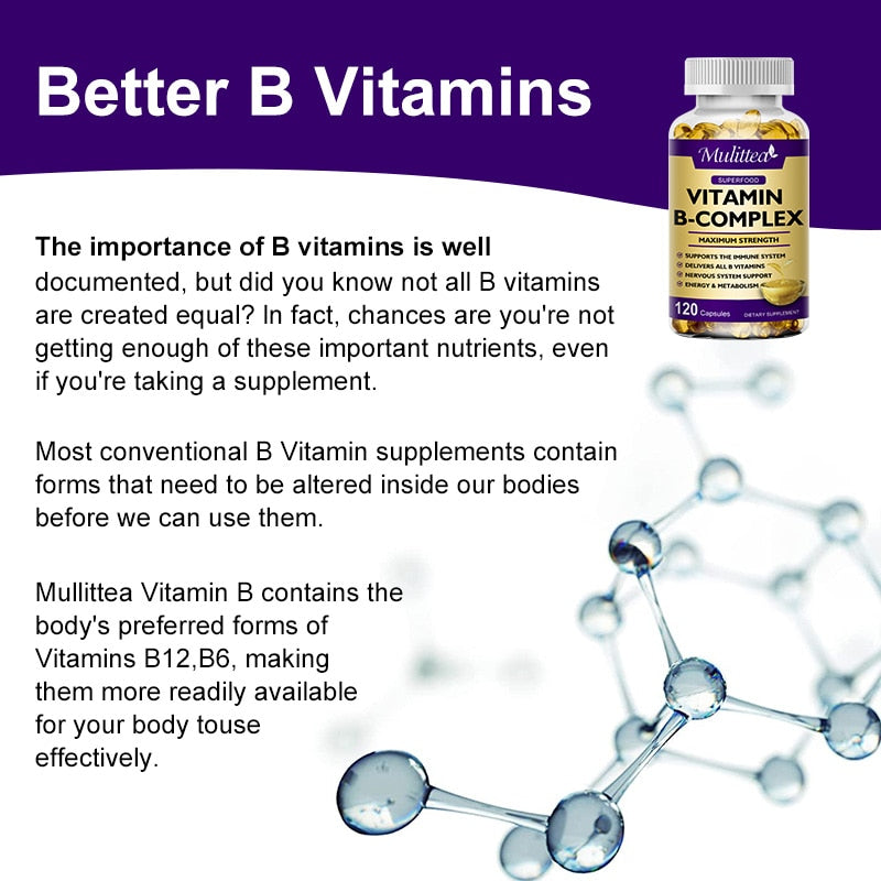 Mulittea Vitamin B Complex Capsule B12 Folic Acid Biotin Reduce Stress Better Moods Nervous System Health Energy Supplement