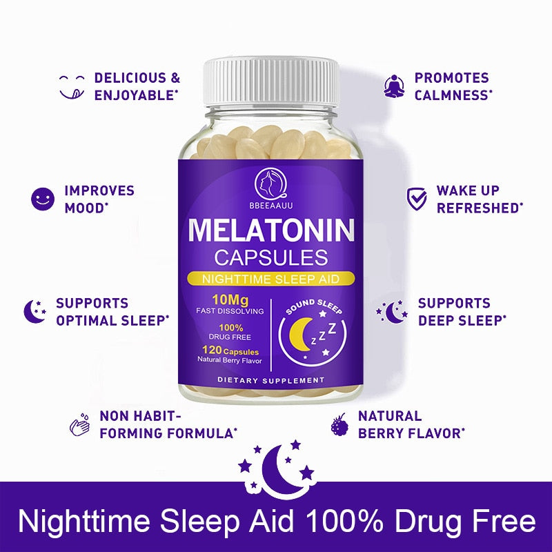 BBEEAAUU 10Mg Melatonin Capsules Vitamins B6 Relieve Insomnia Help Sleep Deep Sleeping for Middle-aged Elderly Adjust Sleep Time