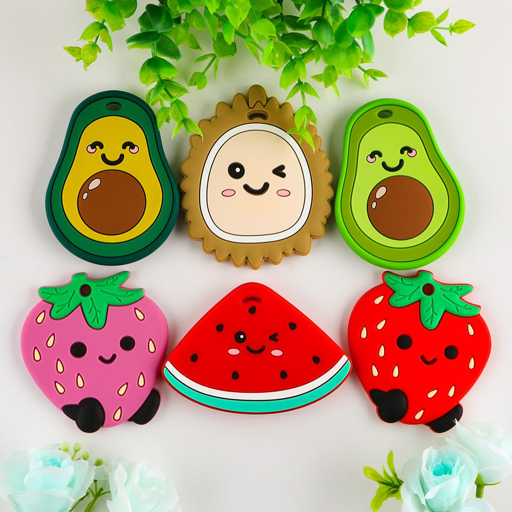 Kovict 1pc Silicone Teether Baby Cartoon Durian Watermelon Avocado Fruit Sushi Pendants DIY Baby Chewing Teether Pacifier Chain
