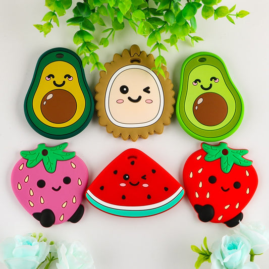 Kovict 1pc Silicone Teether Baby Cartoon Durian Watermelon Avocado Fruit Sushi Pendants DIY Baby Chewing Teether Pacifier Chain