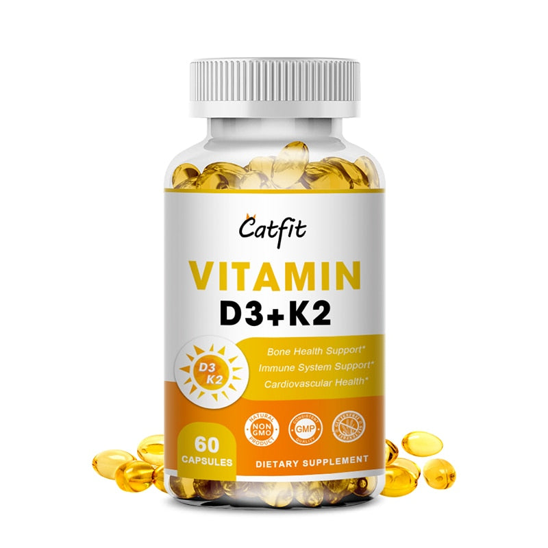 Catfit 5000 IU Vitamin D3+K2 Capsules Premium Immune Support Strong Bones &amp; Healthy Heart Stress Vitamins and Mineral Supplement