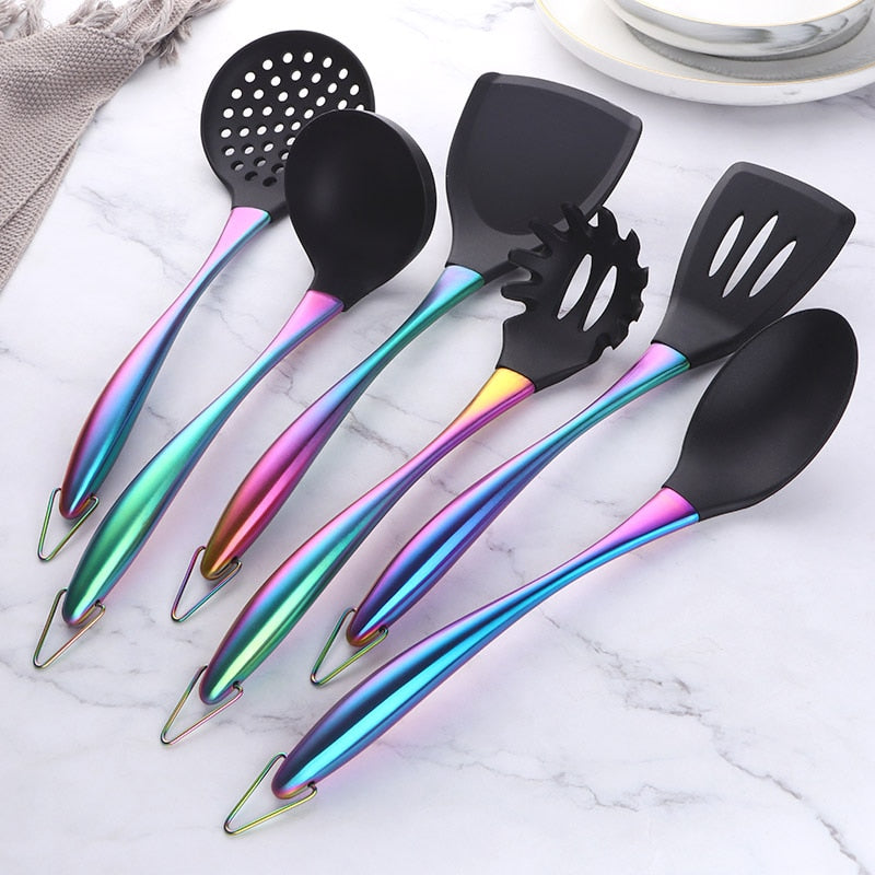 Gold Cooking Tool Set Silicone Head Kitchenware Stainless Steel Handle Soup Ladle Colander Set Turner Serving Spoon Kitchen Tool