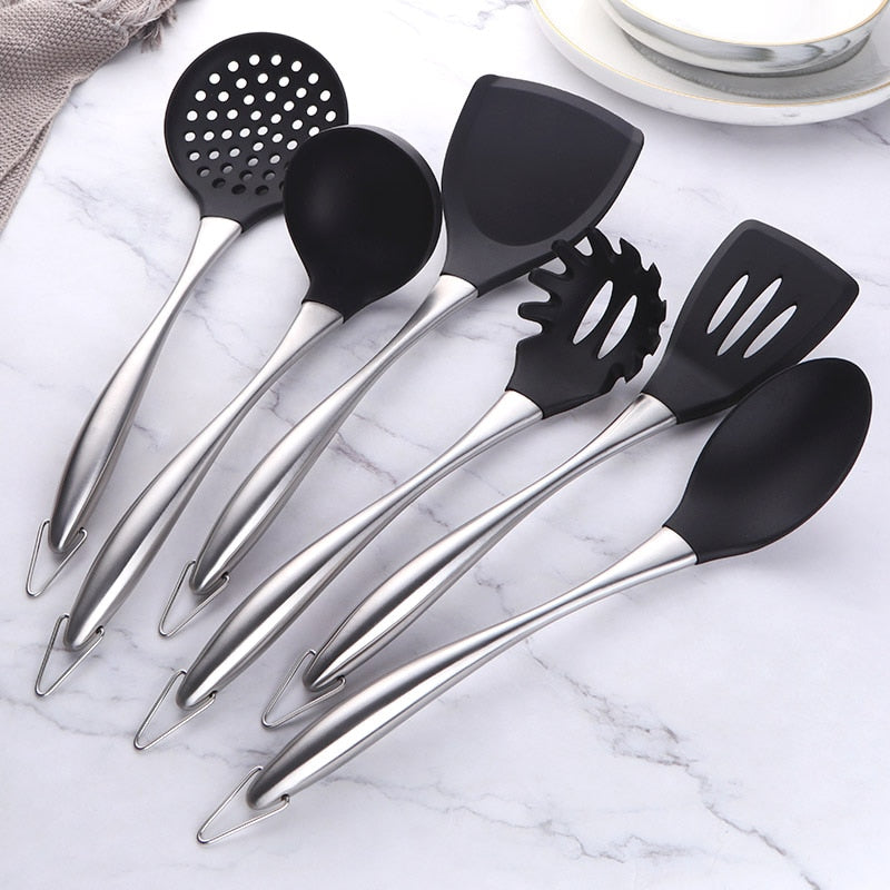 Gold Cooking Tool Set Silicone Head Kitchenware Stainless Steel Handle Soup Ladle Colander Set Turner Serving Spoon Kitchen Tool