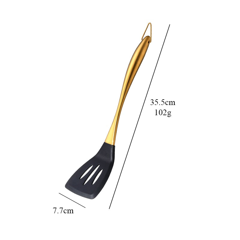 Gold Cooking Tool Set Silicone Head Kitchenware Stainless Steel Handle Soup Ladle Colander Set Turner Serving Spoon Kitchen Tool