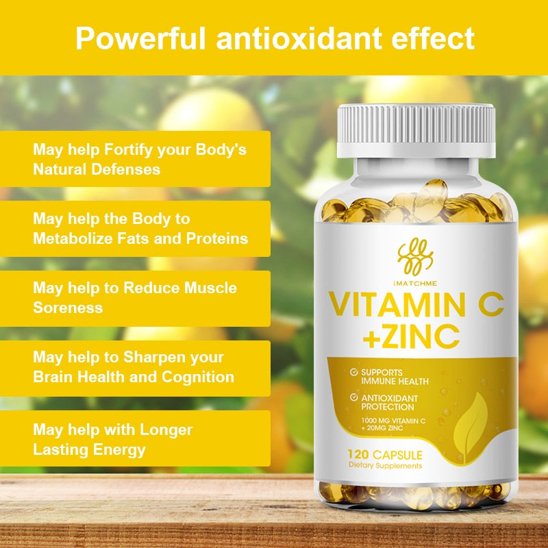 Vitamin C 1000mg &amp; Zinc 20mg Powerful Formula Immune Support  Antioxidant Supports Cell Activity Energy Production &amp;Skin Health