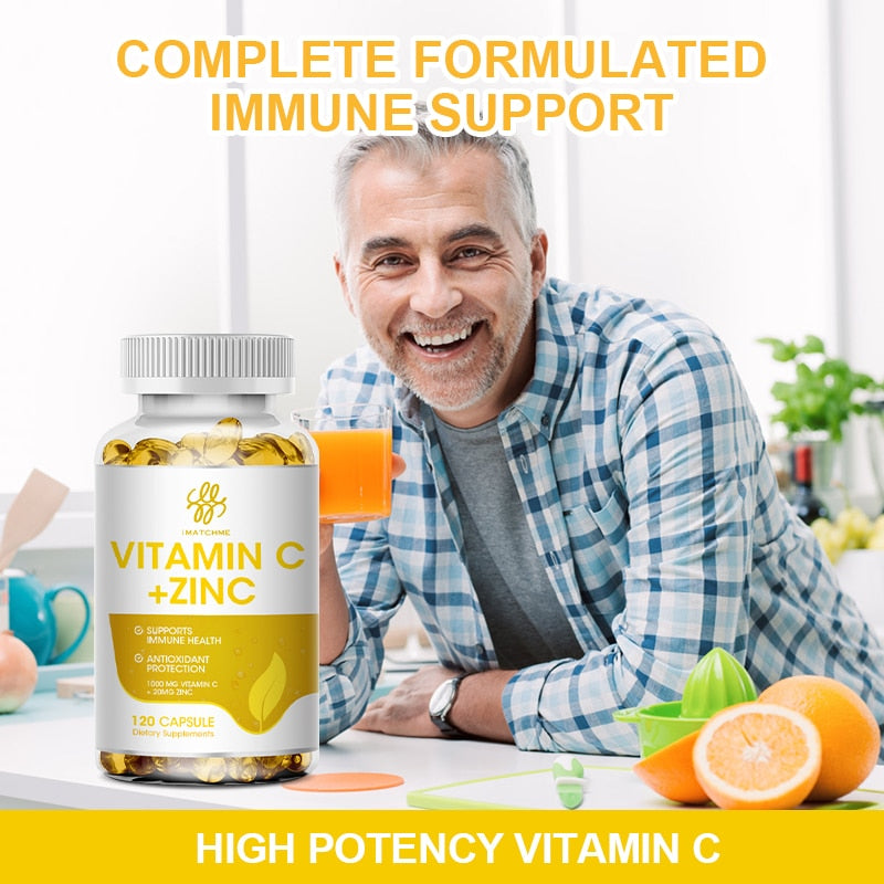 Vitamin C 1000mg &amp; Zinc 20mg Powerful Formula Immune Support  Antioxidant Supports Cell Activity Energy Production &amp;Skin Health
