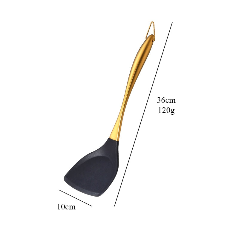 Gold Cooking Tool Set Silicone Head Kitchenware Stainless Steel Handle Soup Ladle Colander Set Turner Serving Spoon Kitchen Tool