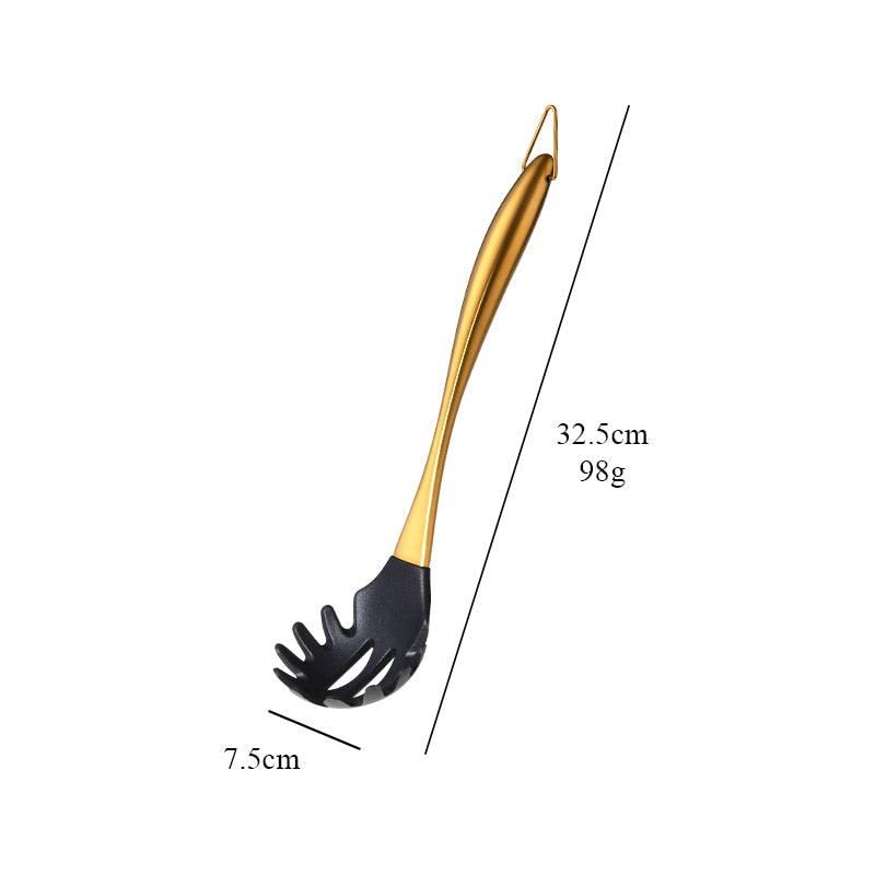 Gold Cooking Tool Set Silicone Head Kitchenware Stainless Steel Handle Soup Ladle Colander Set Turner Serving Spoon Kitchen Tool