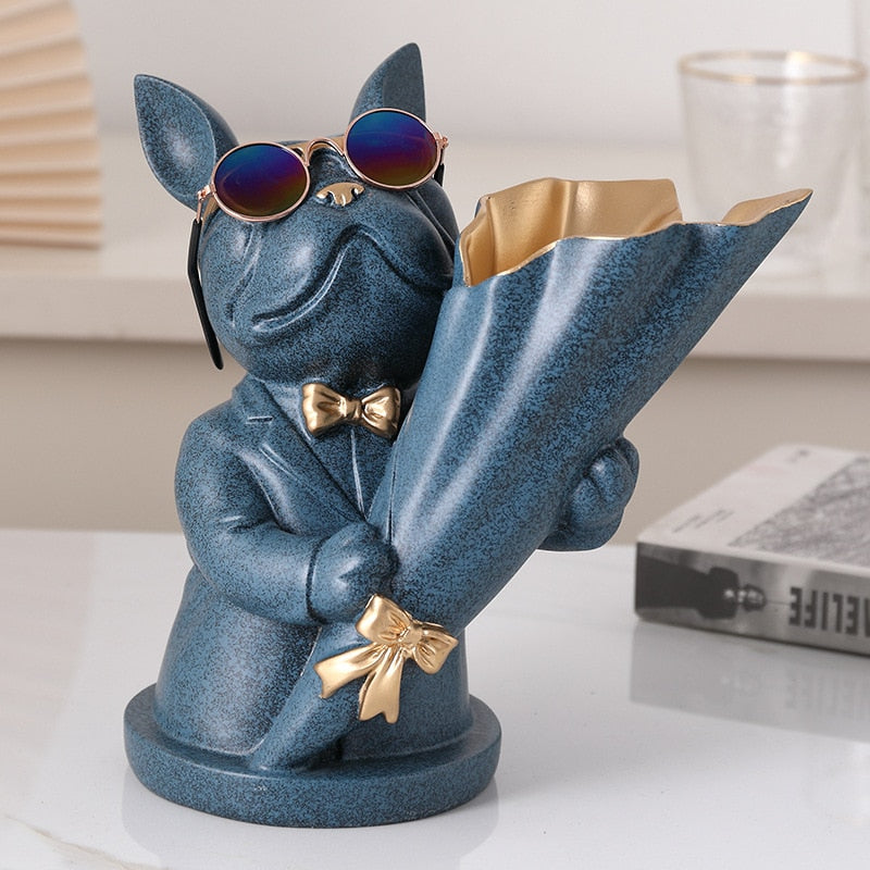 French Bulldog Figurine With Vase For Flower Decoration Home Animal Resin Sculpture Flower Vase For Table Decoration Dog Statue