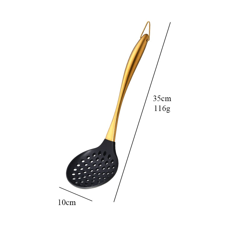 Gold Cooking Tool Set Silicone Head Kitchenware Stainless Steel Handle Soup Ladle Colander Set Turner Serving Spoon Kitchen Tool