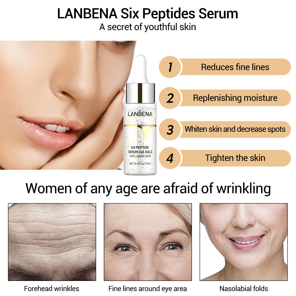 Vitamin C Hyaluronic Acid 24K Gold Six Peptides Acne Removal Serum Anti-Aging Moisturizing Shrink Pore Lift Firming Skin