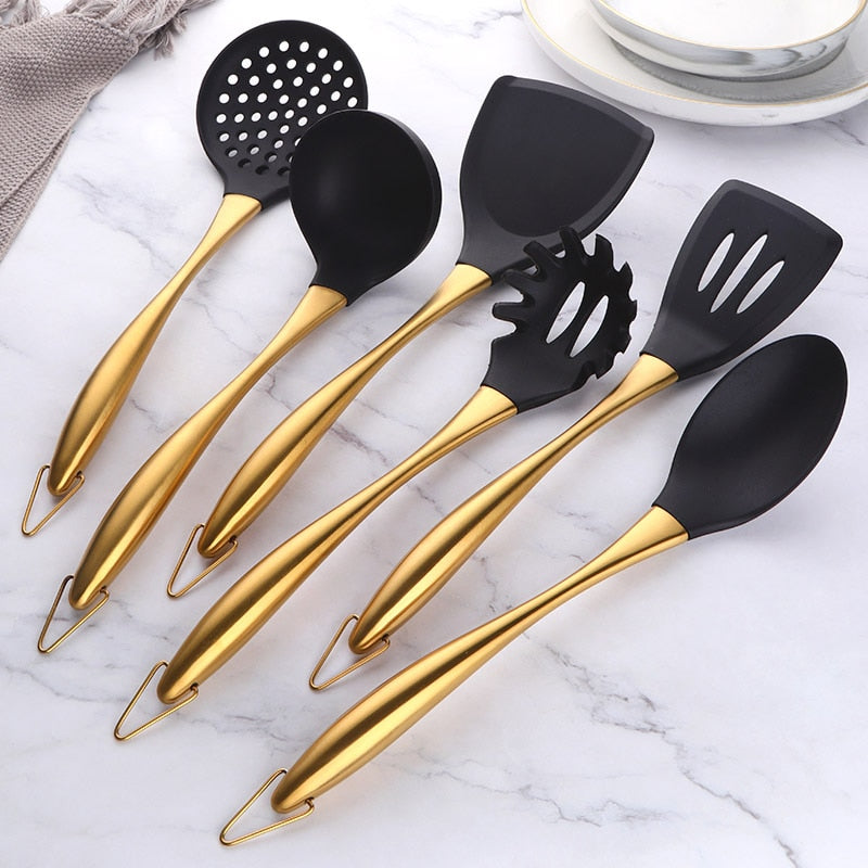 Gold Cooking Tool Set Silicone Head Kitchenware Stainless Steel Handle Soup Ladle Colander Set Turner Serving Spoon Kitchen Tool