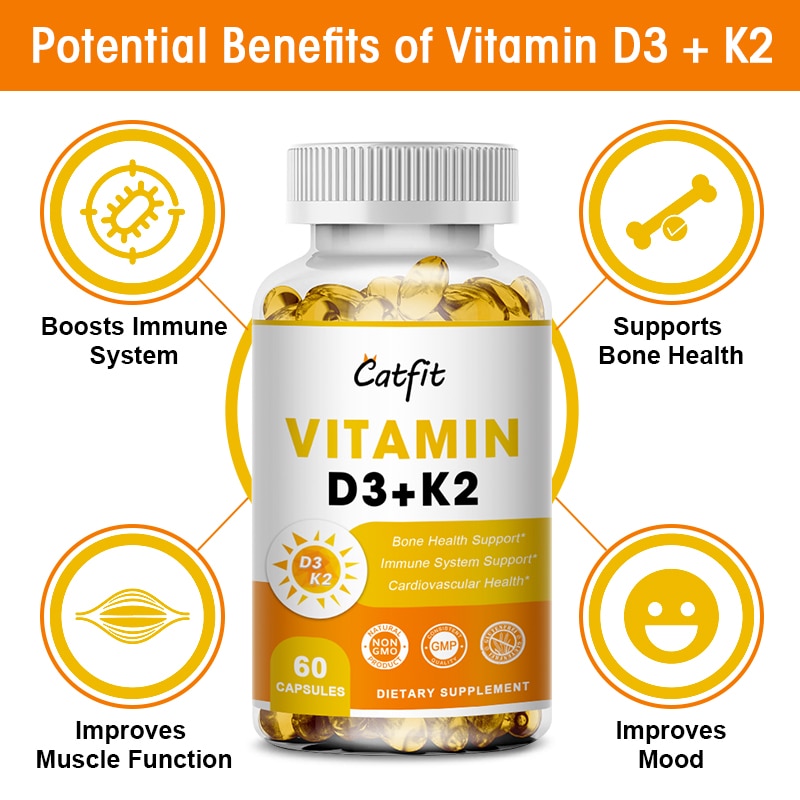 Catfit 5000 IU Vitamin D3+K2 Capsules Premium Immune Support Strong Bones &amp; Healthy Heart Stress Vitamins and Mineral Supplement