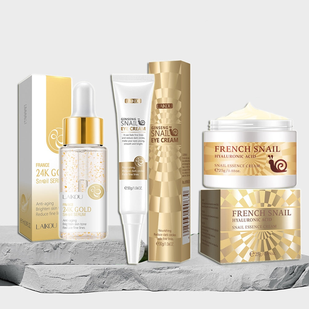 24K Gold Snail Nourishing Face Serum Facial Cream Firming Skincare Set Eye Cream Beauty  Facial Essence Korean Skin Care Product