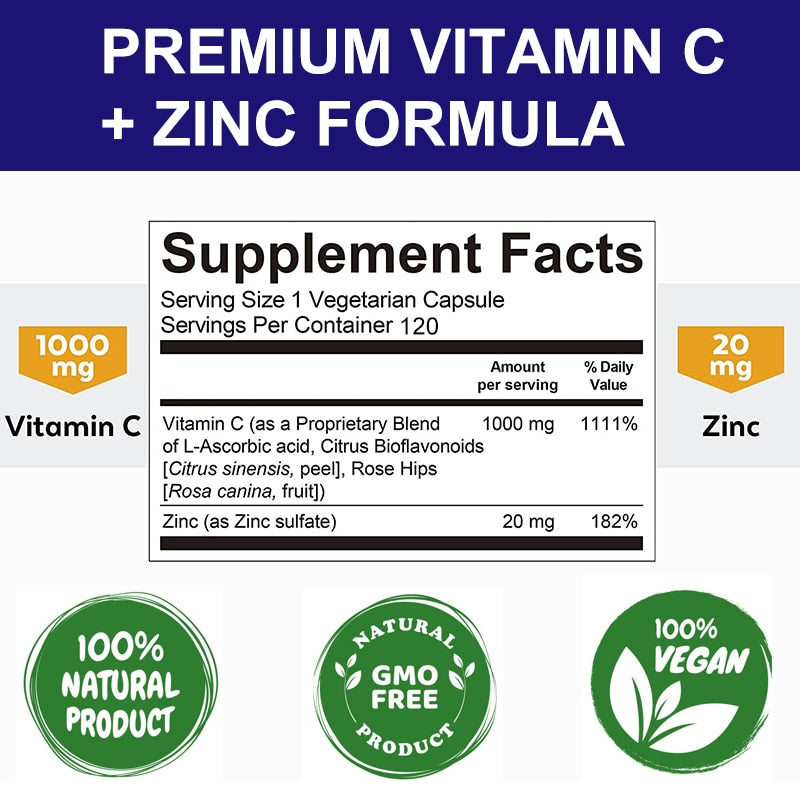 Mulittea Organic Vitamin C 1000mg And Zinc 20mg Capsules Supplements Antioxidant Immune Pigmentation Anti-wrinkle Whitening Skin