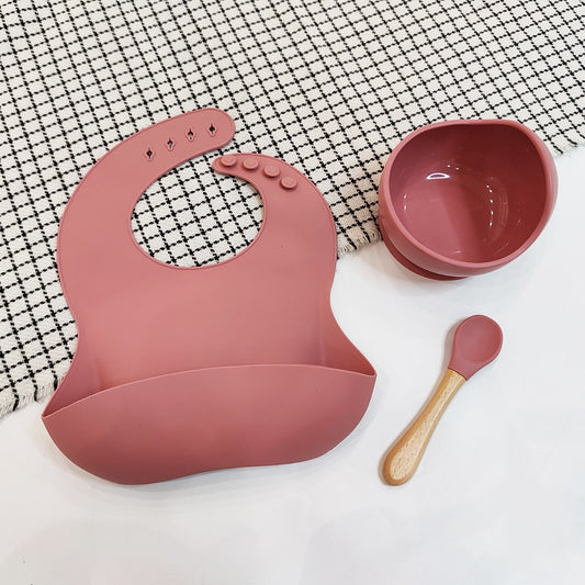 3PCS Children's Silicone Cutlery  Wooden Handle Silicone Spoon with Suction Cup Bowl Bib Food Grade Silicone Material BPA Free