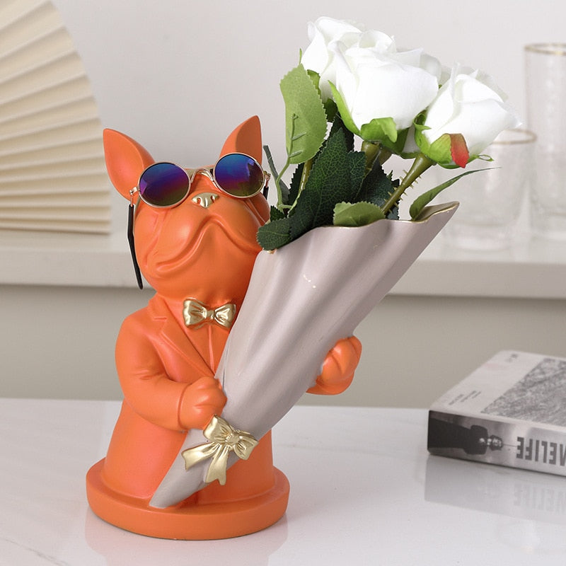 French Bulldog Figurine With Vase For Flower Decoration Home Animal Resin Sculpture Flower Vase For Table Decoration Dog Statue