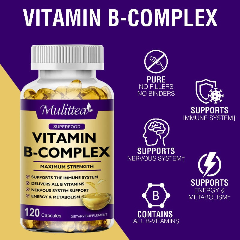 Mulittea Vitamin B Complex Capsule B12 Folic Acid Biotin Reduce Stress Better Moods Nervous System Health Energy Supplement