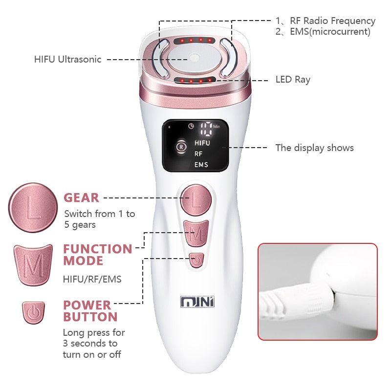 New Mini HIFU RF Ultrasonic Facial Machine EMS Micro Current Lifting Firming Lifting Wrinkle Skin Care Machine Massager
