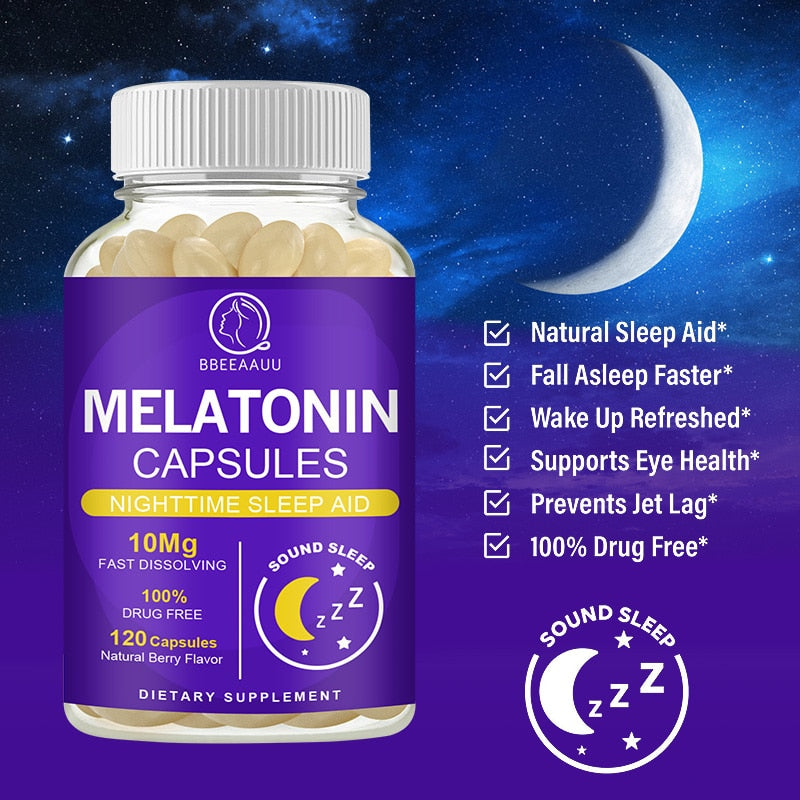 BBEEAAUU 10Mg Melatonin Capsules Vitamins B6 Relieve Insomnia Help Sleep Deep Sleeping for Middle-aged Elderly Adjust Sleep Time