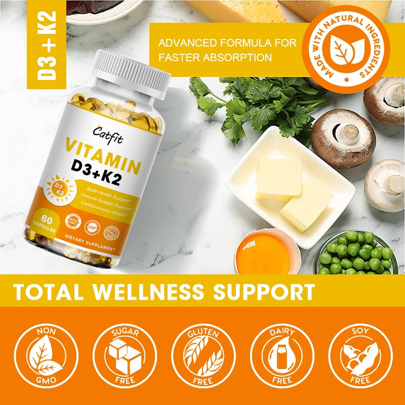 Catfit 5000 IU Vitamin D3+K2 Capsules Premium Immune Support Strong Bones &amp; Healthy Heart Stress Vitamins and Mineral Supplement