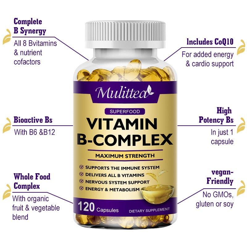 Mulittea Vitamin B Complex Capsule B12 Folic Acid Biotin Reduce Stress Better Moods Nervous System Health Energy Supplement