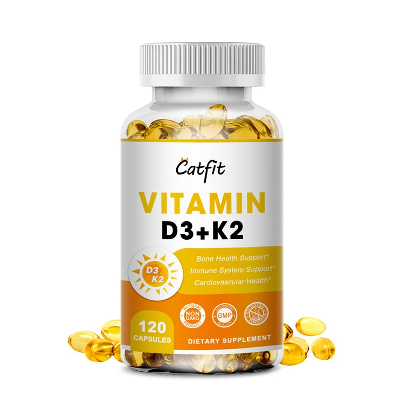 Catfit 5000 IU Vitamin D3+K2 Capsules Premium Immune Support Strong Bones &amp; Healthy Heart Stress Vitamins and Mineral Supplement