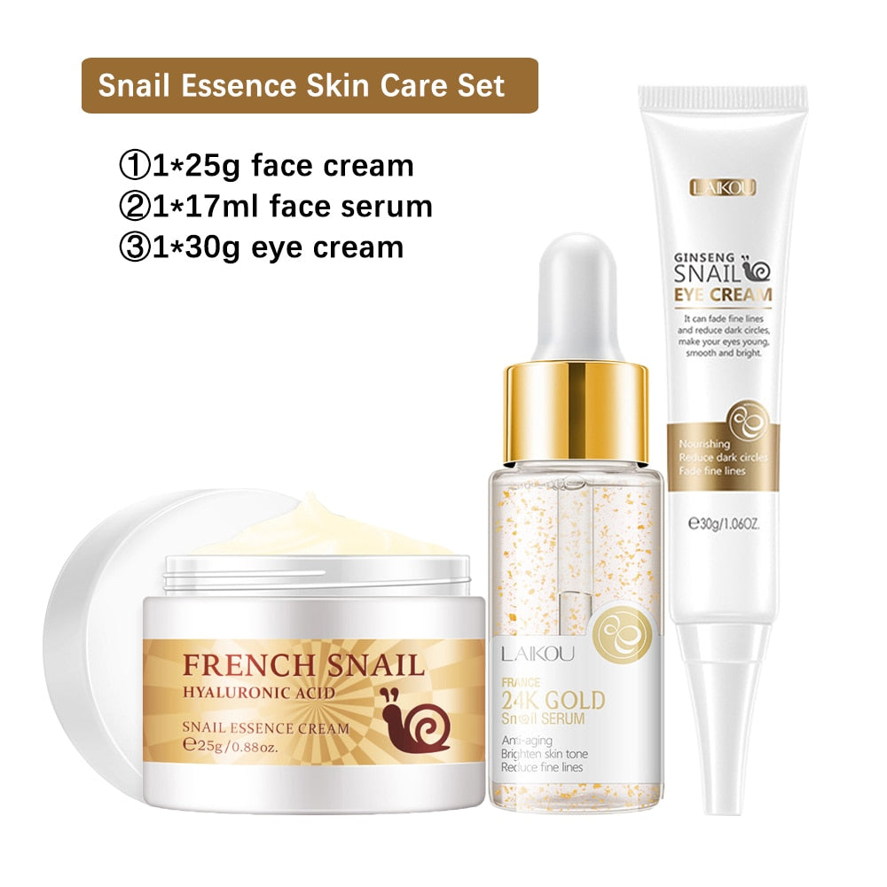 24K Gold Snail Nourishing Face Serum Facial Cream Firming Skincare Set Eye Cream Beauty  Facial Essence Korean Skin Care Product