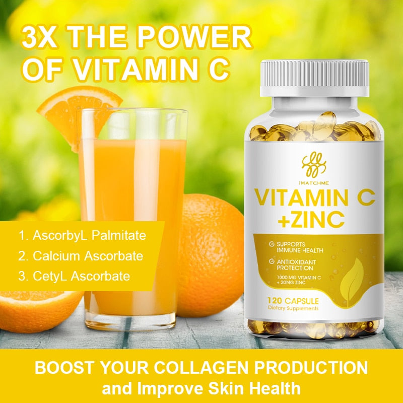 Vitamin C 1000mg &amp; Zinc 20mg Powerful Formula Immune Support  Antioxidant Supports Cell Activity Energy Production &amp;Skin Health