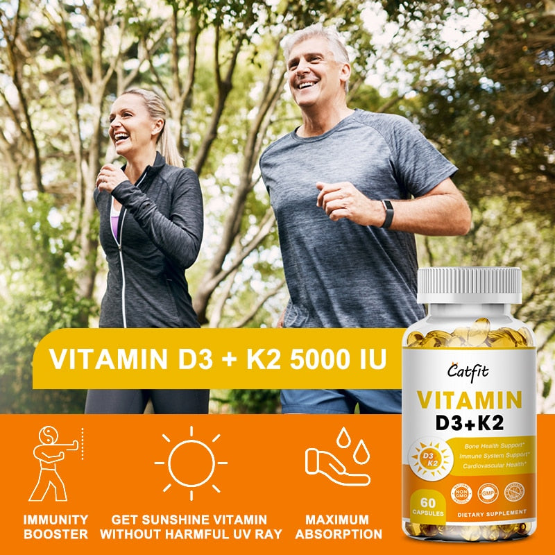 Catfit 5000 IU Vitamin D3+K2 Capsules Premium Immune Support Strong Bones &amp; Healthy Heart Stress Vitamins and Mineral Supplement