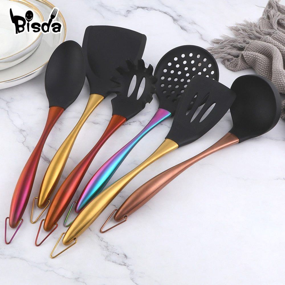 Gold Cooking Tool Set Silicone Head Kitchenware Stainless Steel Handle Soup Ladle Colander Set Turner Serving Spoon Kitchen Tool