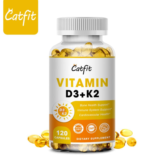 Catfit 5000 IU Vitamin D3+K2 Capsules Premium Immune Support Strong Bones &amp; Healthy Heart Stress Vitamins and Mineral Supplement