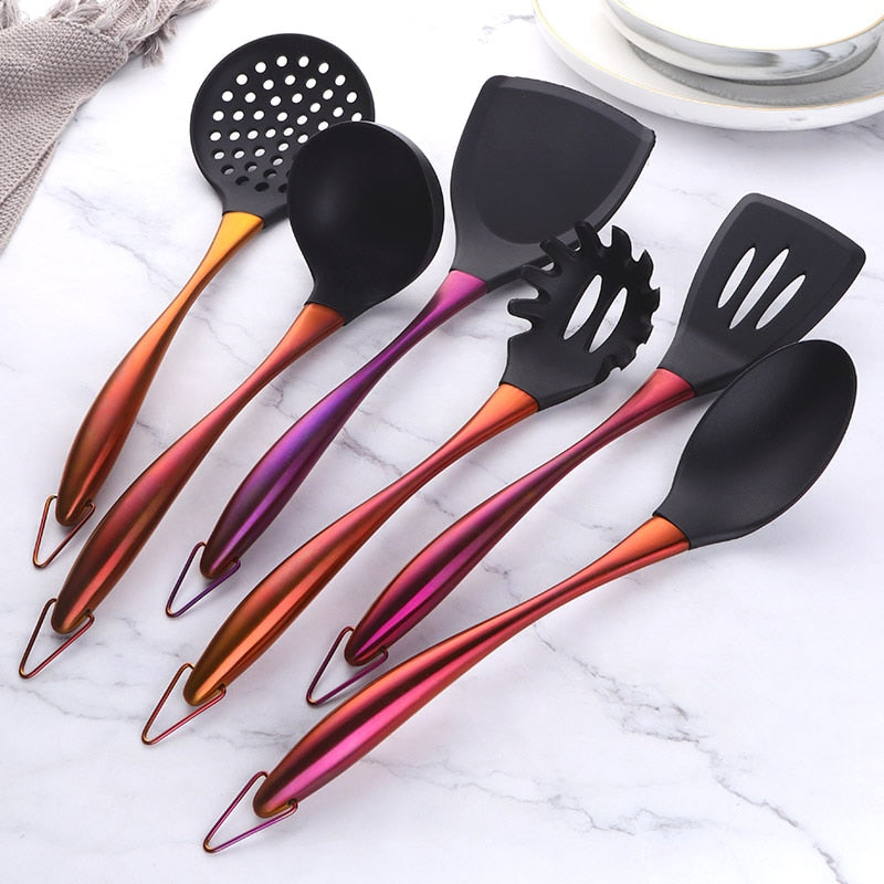 Gold Cooking Tool Set Silicone Head Kitchenware Stainless Steel Handle Soup Ladle Colander Set Turner Serving Spoon Kitchen Tool