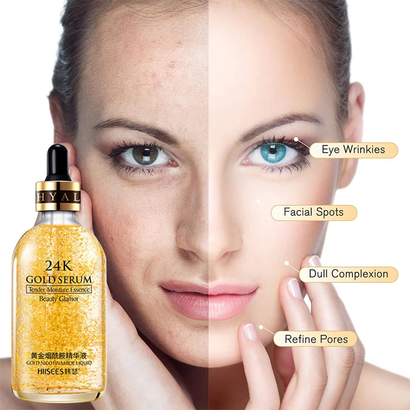 24K Gold Face Serum Hyaluronic Acid Moisturizing Essence Brightening Skin Tone Shrink Pores Anti Wrinkle Whitening Skin Care 30g
