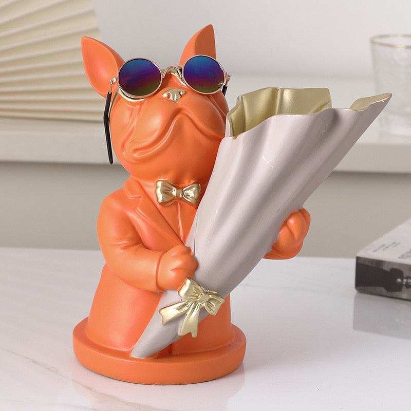 French Bulldog Figurine With Vase For Flower Decoration Home Animal Resin Sculpture Flower Vase For Table Decoration Dog Statue