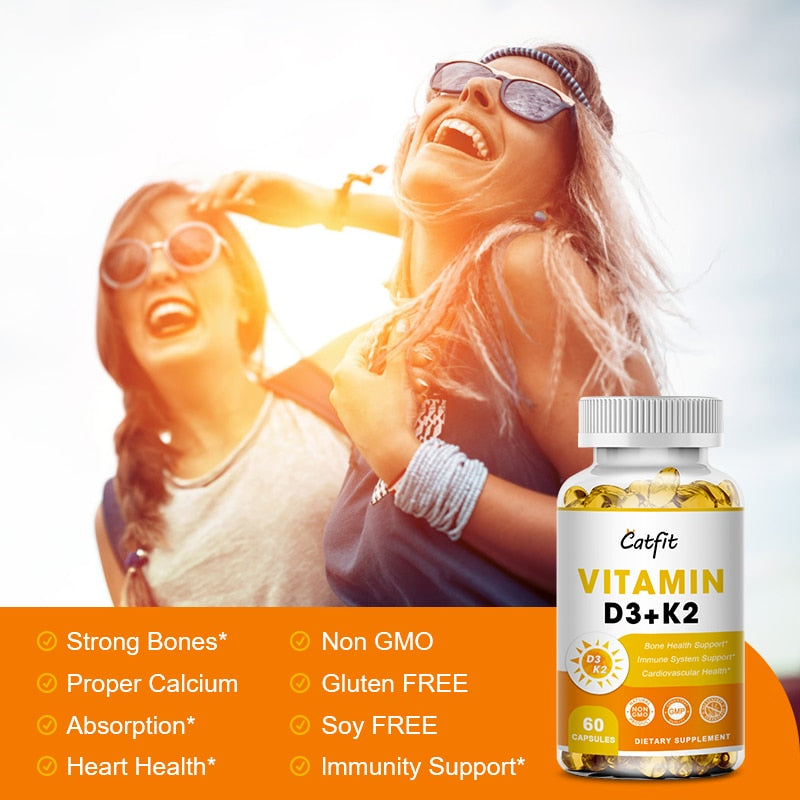 Catfit 5000 IU Vitamin D3+K2 Capsules Premium Immune Support Strong Bones &amp; Healthy Heart Stress Vitamins and Mineral Supplement
