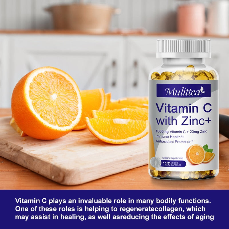 Mulittea Organic Vitamin C 1000mg And Zinc 20mg Capsules Supplements Antioxidant Immune Pigmentation Anti-wrinkle Whitening Skin