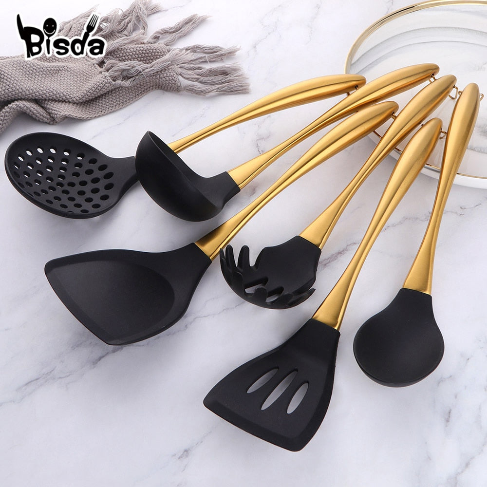 Gold Cooking Tool Set Silicone Head Kitchenware Stainless Steel Handle Soup Ladle Colander Set Turner Serving Spoon Kitchen Tool