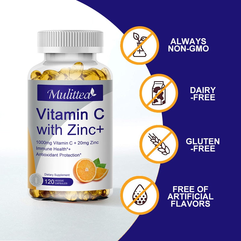 Mulittea Organic Vitamin C 1000mg And Zinc 20mg Capsules Supplements Antioxidant Immune Pigmentation Anti-wrinkle Whitening Skin