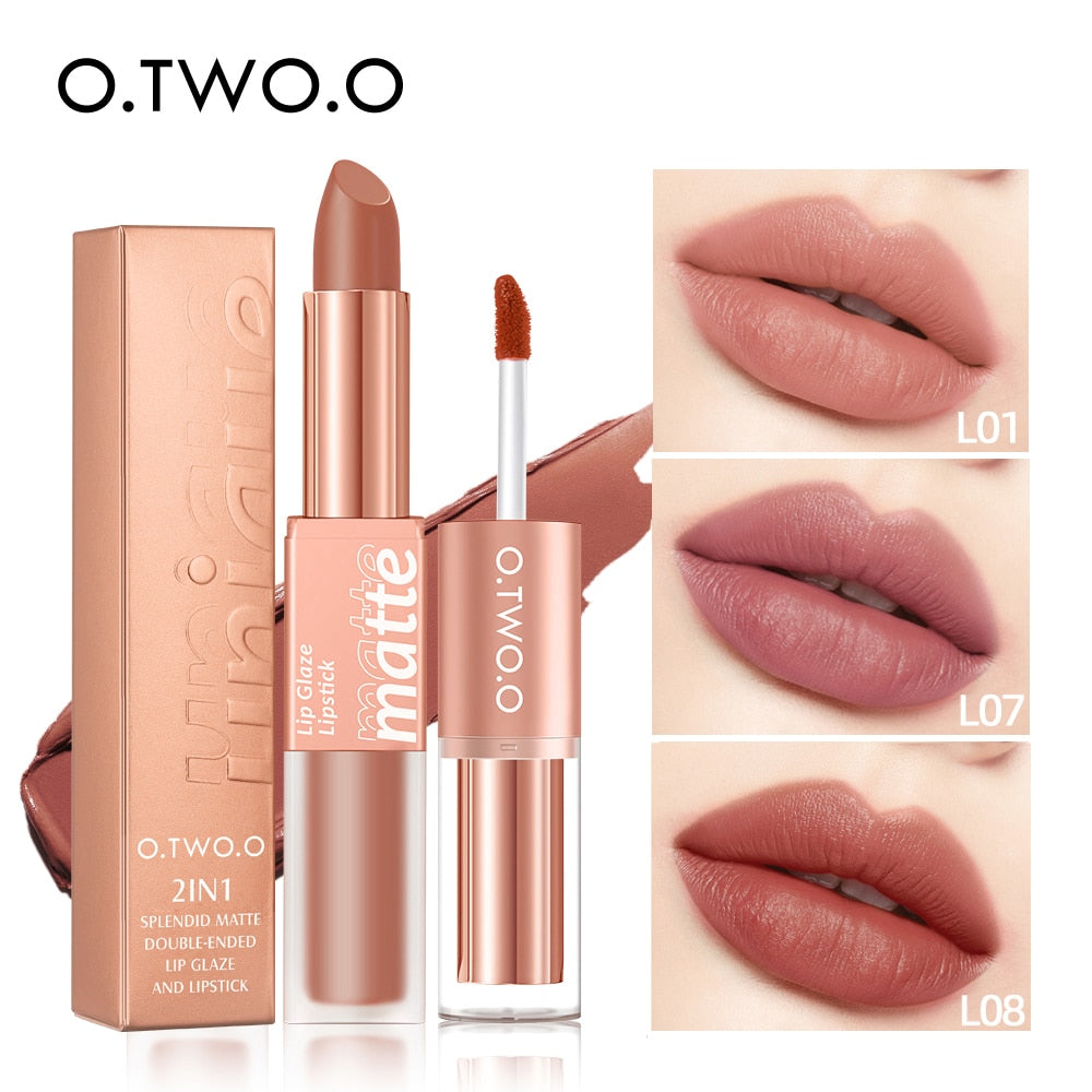 O.TWO.O Lipstick 12 Colors Lip Gloss 2 in 1 Lip Tint Waterproof Long -lasting Moisture Red Lip Matte Lipstick Make-up for Women