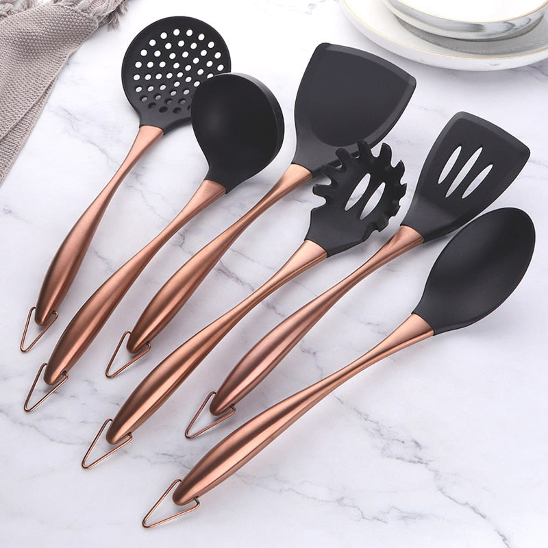 Gold Cooking Tool Set Silicone Head Kitchenware Stainless Steel Handle Soup Ladle Colander Set Turner Serving Spoon Kitchen Tool
