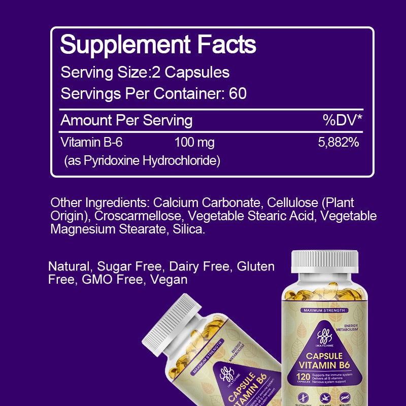 iMATCHME Vitamin B6 Capsules Boost Immune System Help Cardiovascular Health Brain Function Active Cells Protect Hair Health